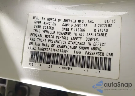 2015 Honda Accord Ex-L V-6 from USA, damaged, VIN 1HGCR3F87FA018064